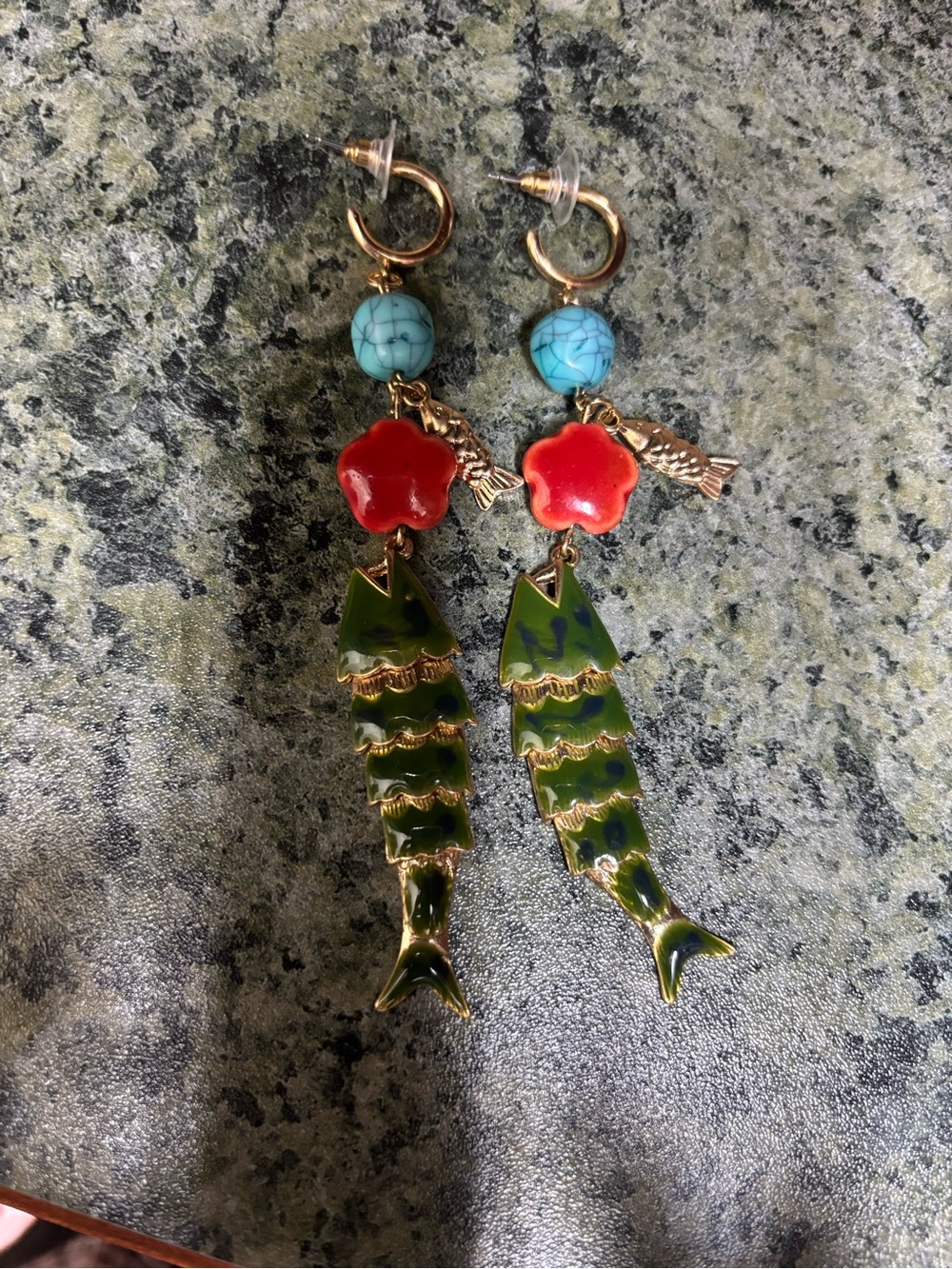 Anthropologie Green Enamel Fish Drop Earrings with Turquoise Beads & Red Flowers